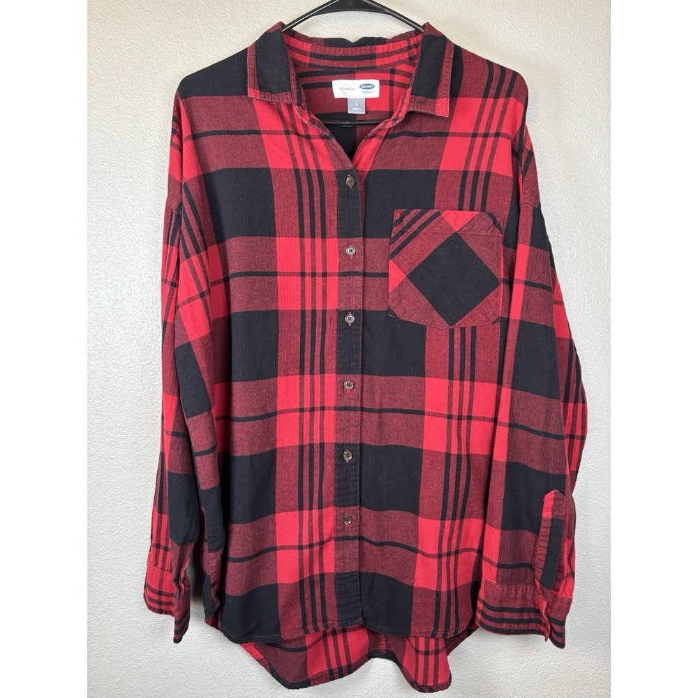 Old Navy Womens Boyfriend Flannel Shirt L Plaid Red And Black Long Sleeve Cotton